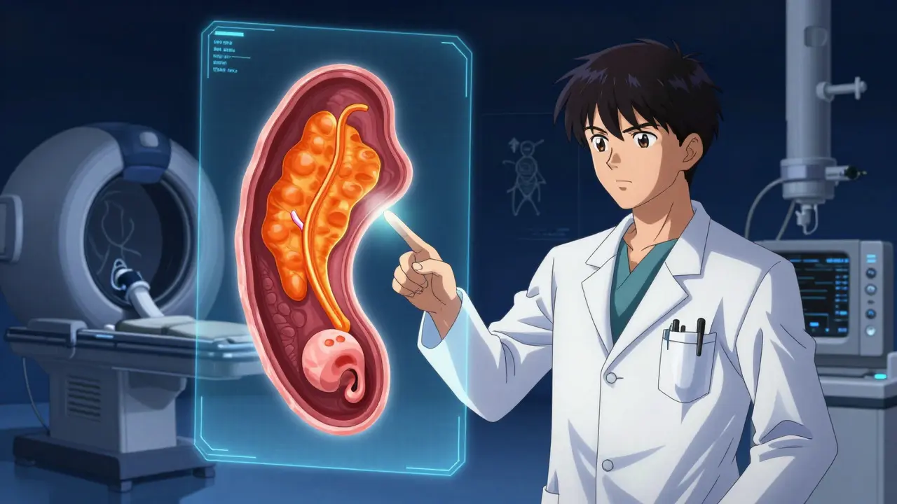 Doctor pointing at holographic prostate scan in manga art