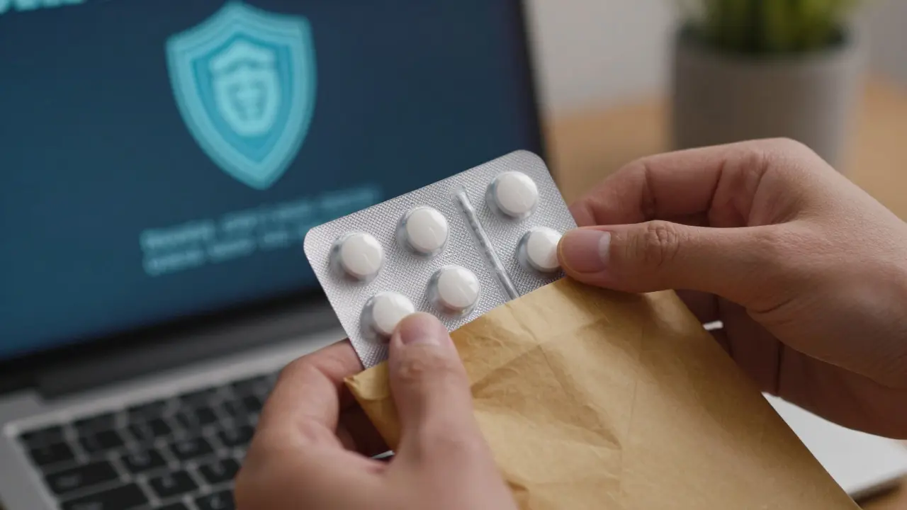 Hands checking sealed metformin package with safety shield