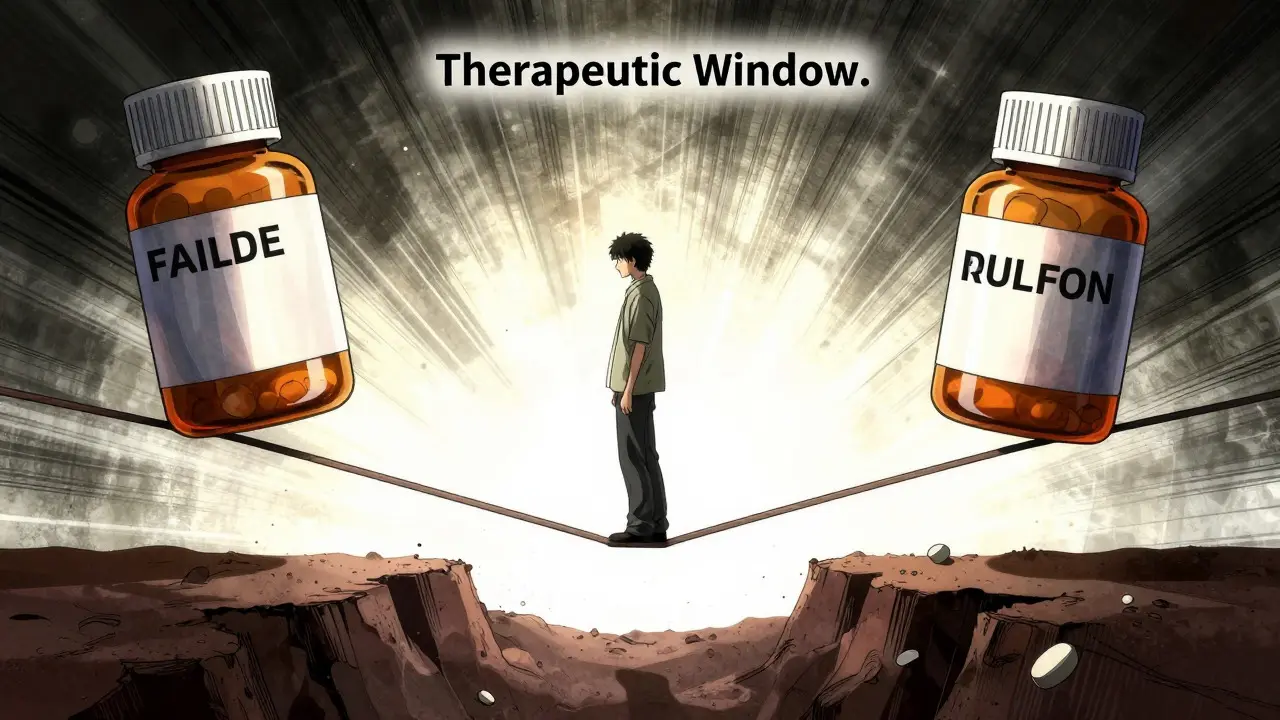 Patient balancing on tightrope representing therapeutic index, manga art