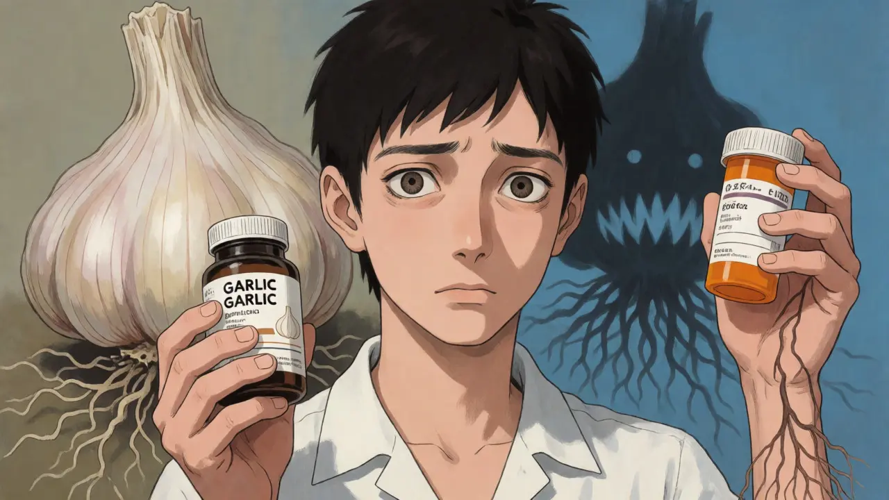 Patient holding garlic pills and medication with a looming garlic shadow representing bleeding risk.