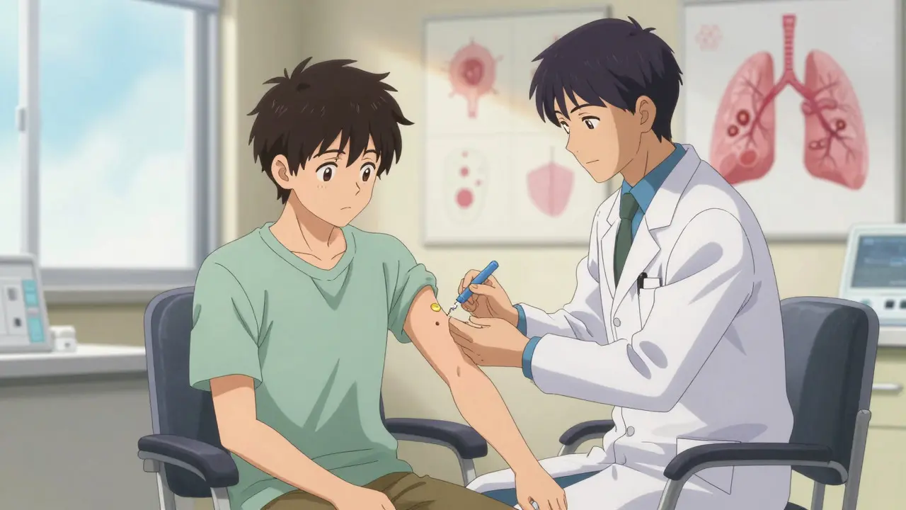 Patient receiving allergy shots in a clinic with hopeful lighting and healing motifs