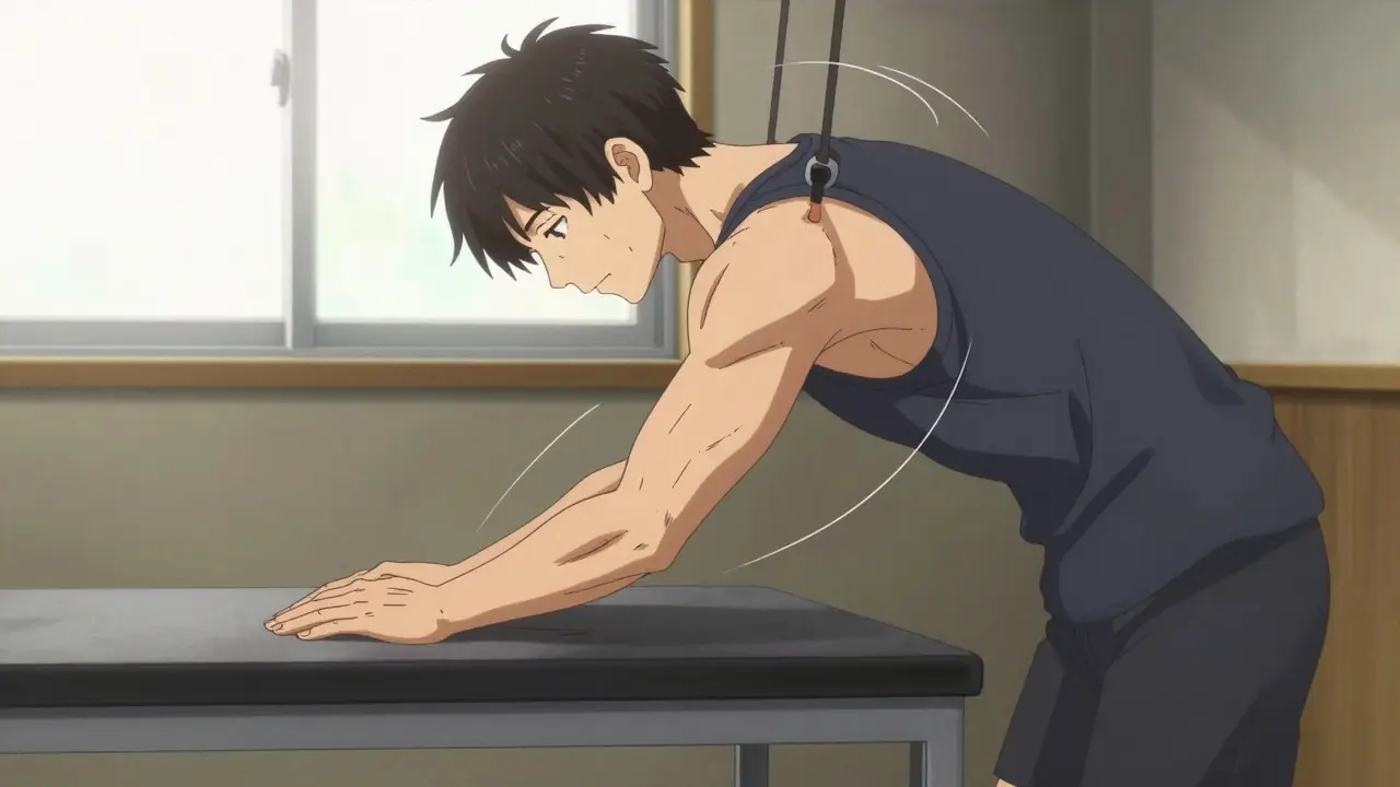 Person doing gentle pendulum shoulder exercise