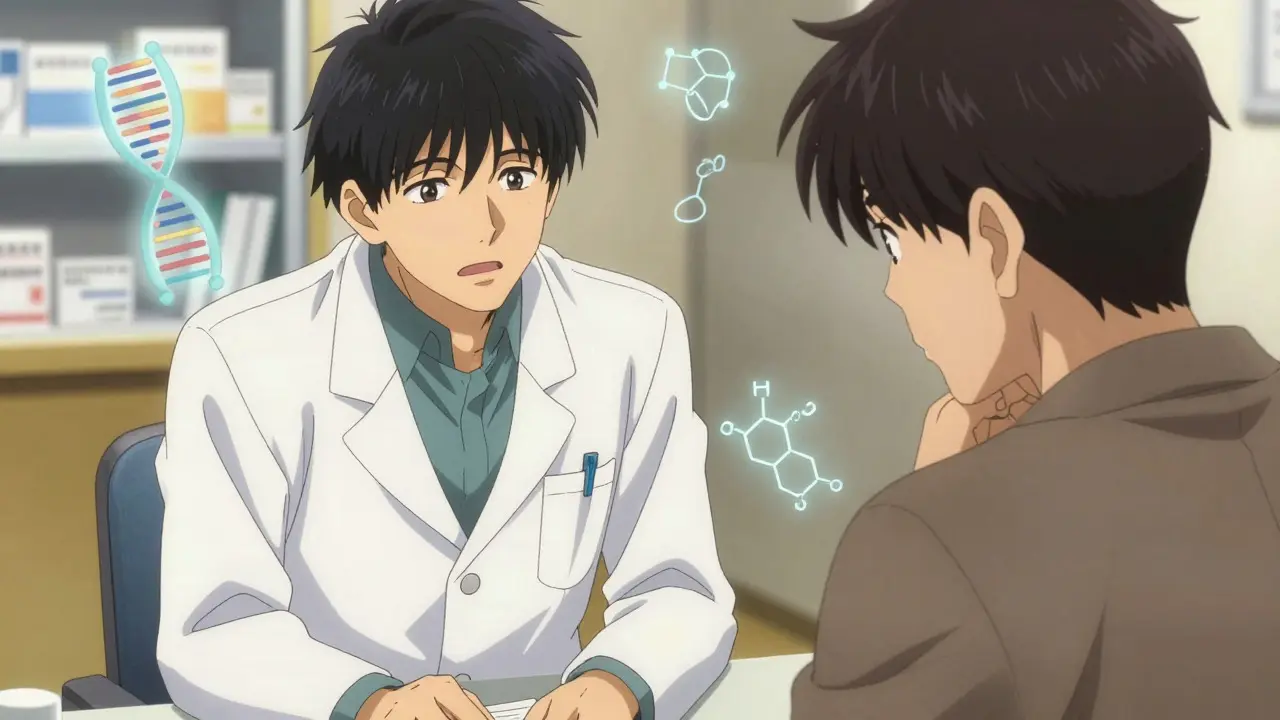 Pharmacist counseling anxious patient about medication changes, anime