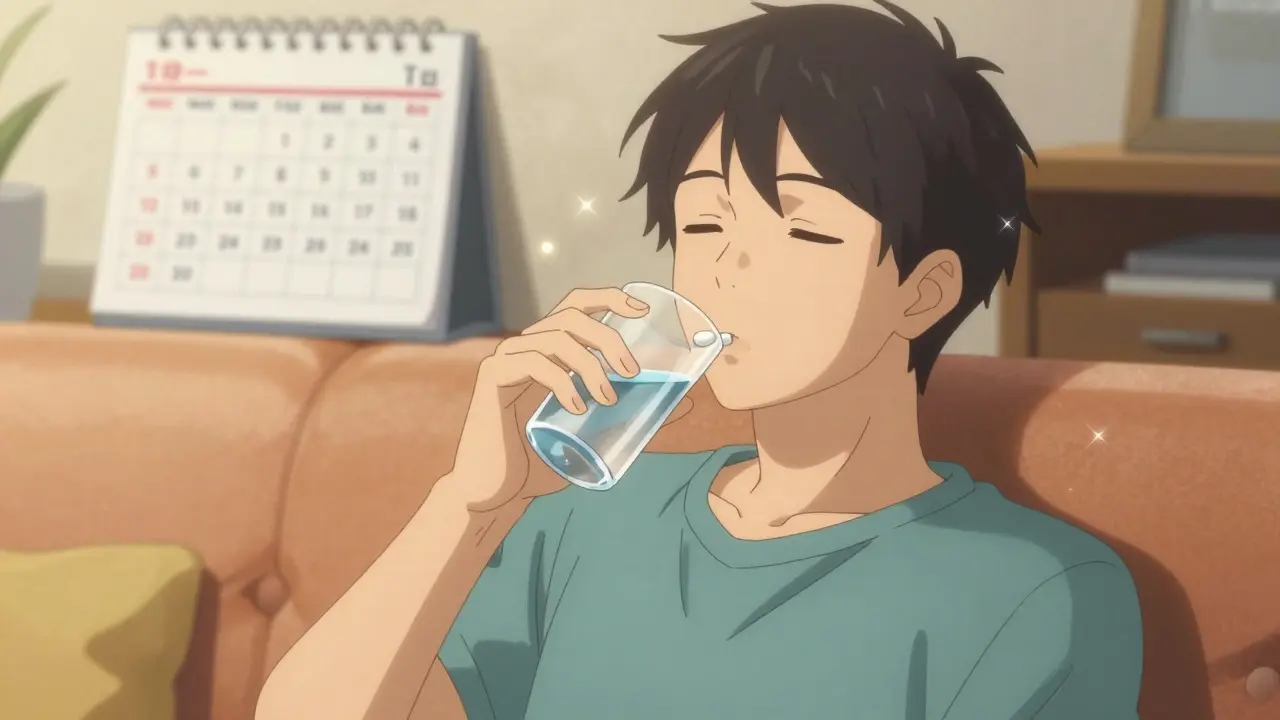 Relaxed person taking a pill at home in anime style