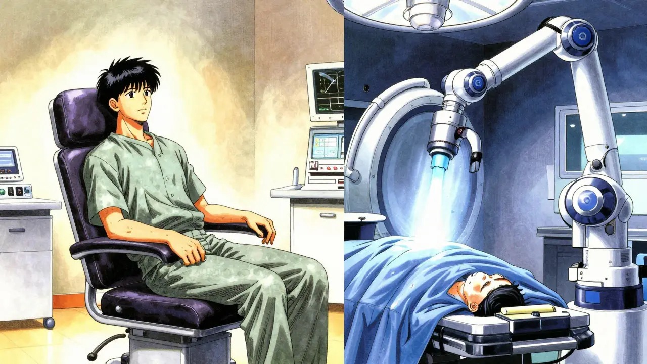 Split scene showing surveillance vs surgery options in anime