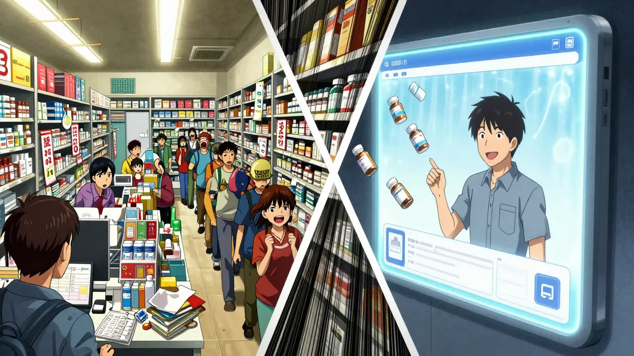 Split view comparing crowded pharmacy vs clean online purchase