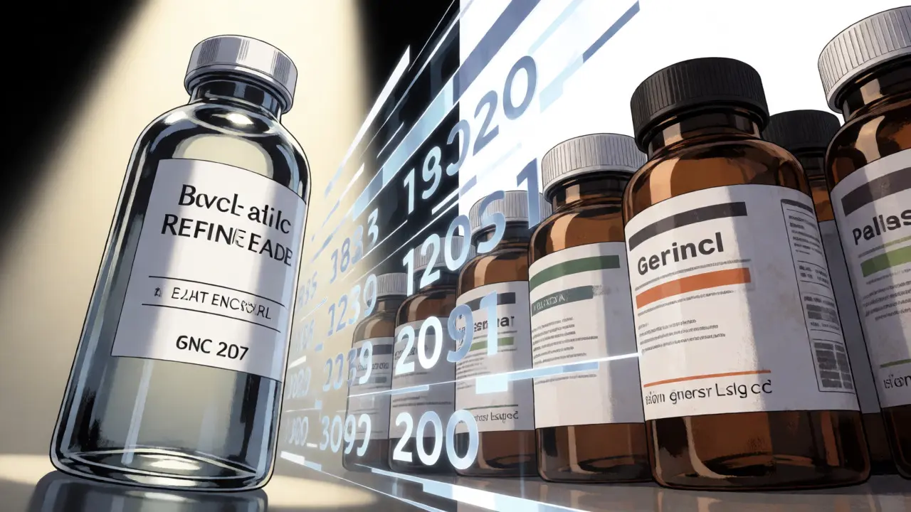Split view of brand and generic bottles with NDC data overlays