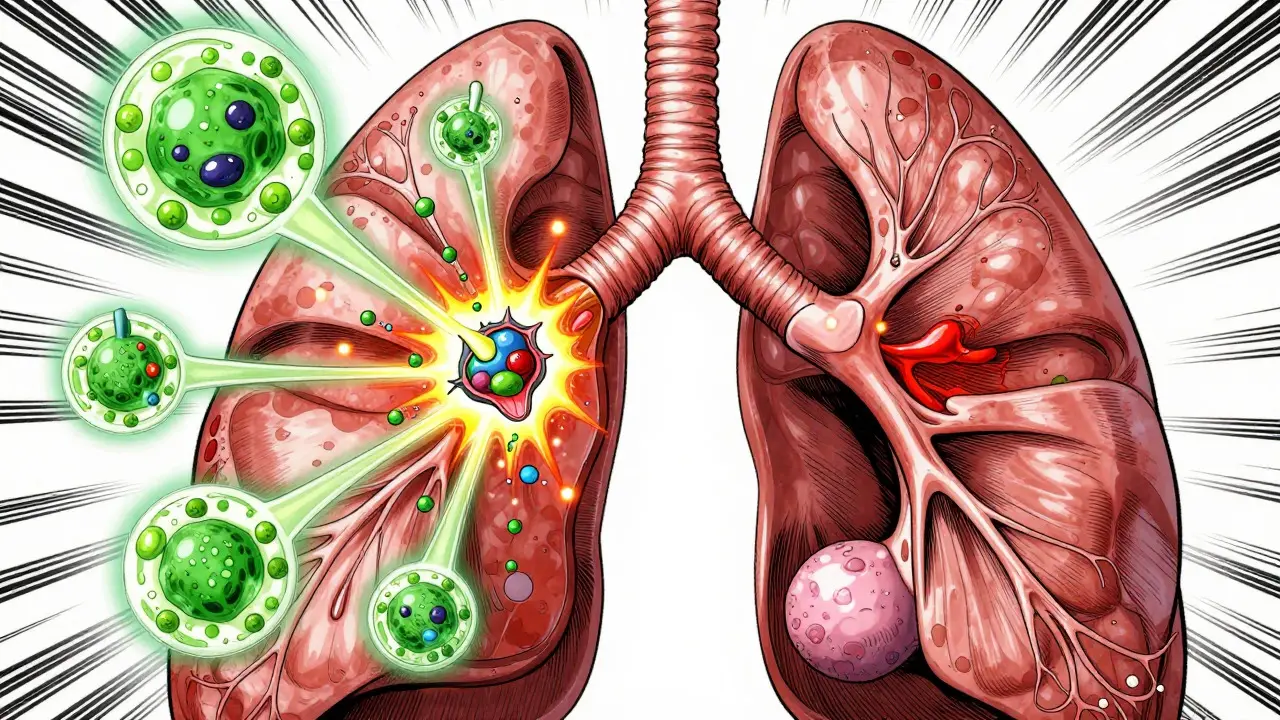Stylized depiction of lung mast cells releasing histamine during allergic reaction