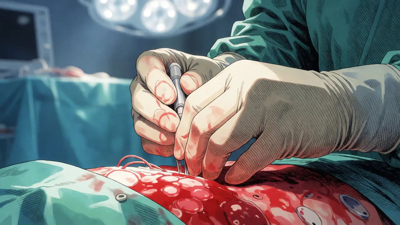 Surgeon managing unexpected bleeding during surgery in a dramatic anime art style.