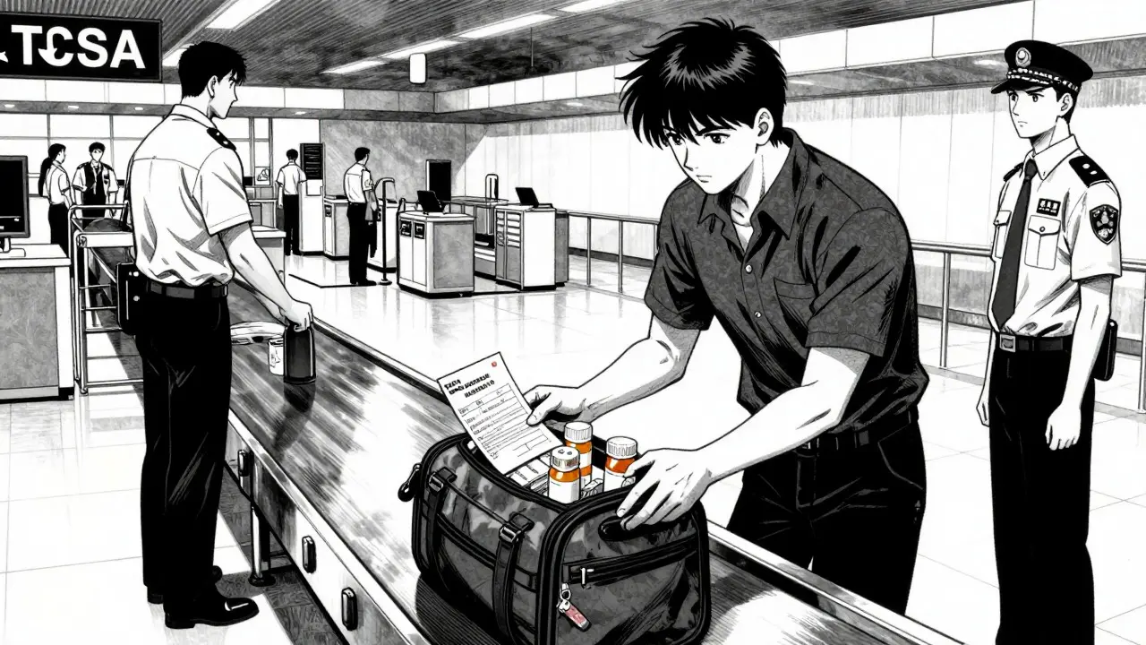 Traveler declaring meds at airport security in Boichi style