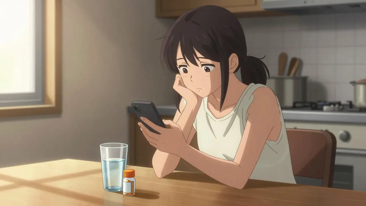 Young woman considering her medication at a kitchen table