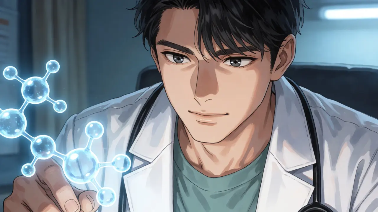 Anime doctor reviewing medical data with molecular projections