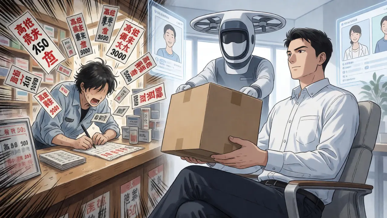 Split scene showing stressed pharmacy visit vs calm online delivery